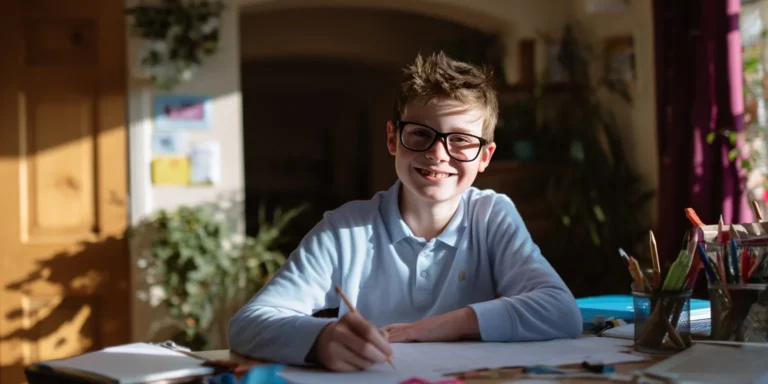 A student happily doing home schooling